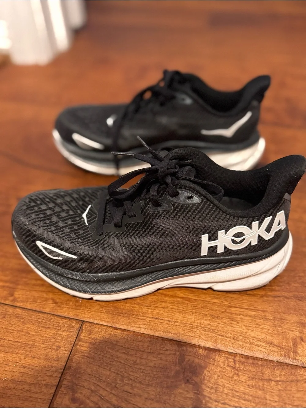 Hoka Black and White Clifton 9 Women's Athletic Shoes